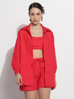 SHOWOFF - Women Red Solid Relaxed Fit Top with Shorts and Shirt (Set of 3)