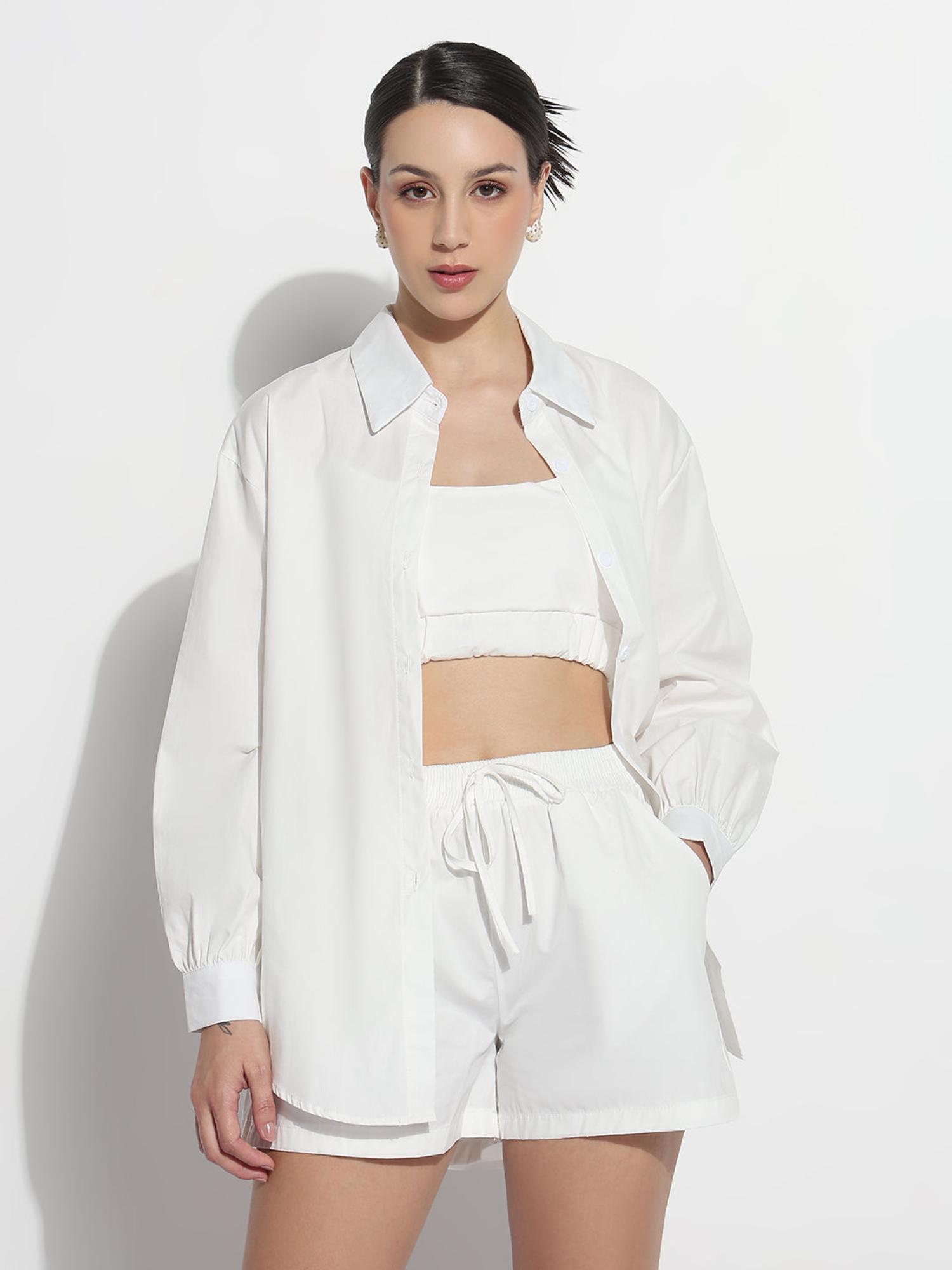 showoffff Women White Solid Relaxed Fit Top with Shorts and Shirt (Set of 3)-picture-36