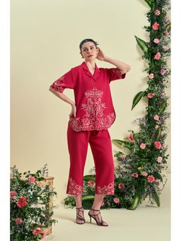 ORIGANI - Women Red Embroidered Regular Fit Co-Ord (Set of 2)