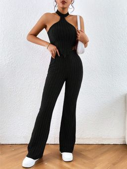 Outzidr - Women Black Textured Bodycon Fit Co-Ord (Set of 2)