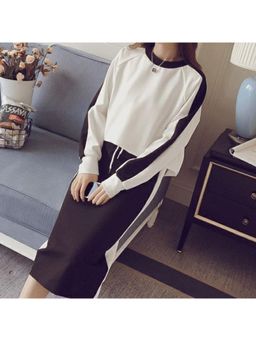 Outzidr - Women Black Solid Relaxed Fit Top with Skirt (Set of 2)