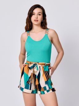 Outzidr - Women Green Floral Relaxed Fit Top with Shorts (Set of 2)