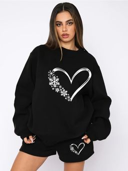 Outzidr - Women Black Printed Relaxed Fit Sweatshirt with Shorts (Set of 2)