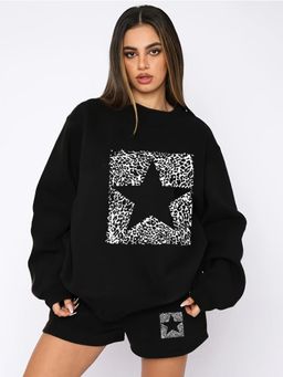 Outzidr - Women Black Graphic Relaxed Fit Sweatshirt with Shorts (Set of 2)