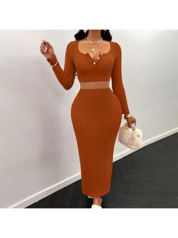 Outzidr - Women Brown Textured Skinny Fit Top with Skirt (Set of 2)