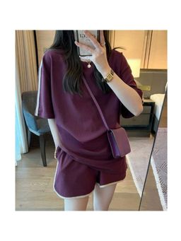 Outzidr - Women Purple Solid Relaxed Fit T-Shirt with Shorts (Set of 2)