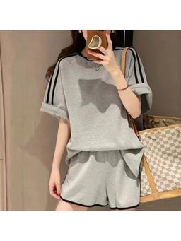Outzidr - Women Grey Solid Relaxed Fit T-Shirt with Shorts (Set of 2)