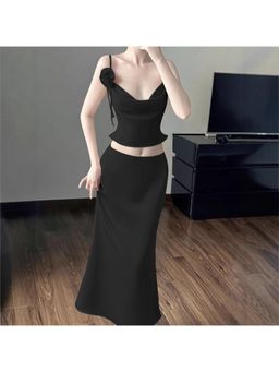 Outzidr - Women Black Solid Regular Fit Crop Top with Skirt (Set of 2)