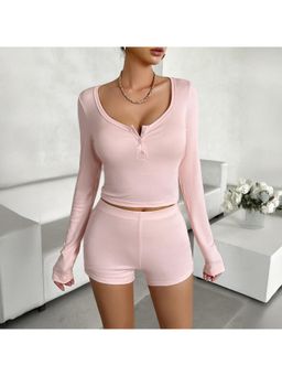 Outzidr - Women Pink Solid Bodycon Fit Top with Shorts (Set of 2)