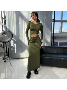 Outzidr - Women Green Solid Slim Fit Top with Skirt (Set of 2)