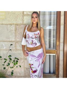 Outzidr - Women White Floral Slim Fit Top with Skirt (Set of 2)