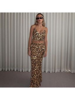 Outzidr - Women Brown Animal Print Regular Fit Top with Skirt (Set of 2)