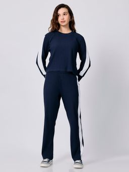 Outzidr - Women Navy Blue Stripes Loose Fit Co-Ord (Set of 2)