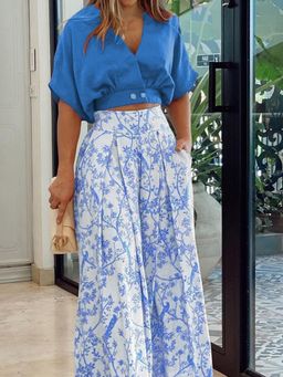 Outzidr - Women Blue Printed Relaxed Fit Co-Ord (Set of 2)