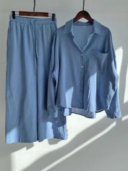 Outzidr - Women Blue Solid Relaxed Fit Co-Ord (Set of 2)