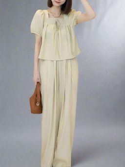 Outzidr - Women Cream Solid Regular Fit Co-Ord (Set of 2)