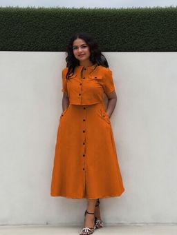 Outzidr - Women Orange Solid A-Line Fit Crop Top with Skirt (Set of 2)