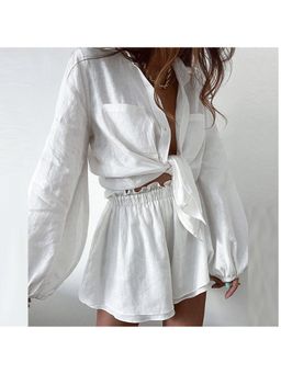 Outzidr - Women White Textured Relaxed Fit Shirt with Shorts (Set of 2)