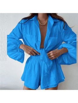 Outzidr - Women Blue Textured Relaxed Fit Shirt with Shorts (Set of 2)