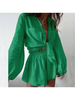 Outzidr - Women Green Textured Relaxed Fit Shirt with Shorts (Set of 2)