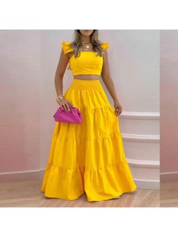 Outzidr - Women Yellow Solid Flared Fit Crop Top with Skirt (Set of 2)