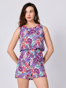 Outzidr - Women Purple Floral Relaxed Fit Crop Top with Shorts (Set of 2)