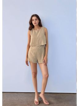 Outzidr - Women Beige Solid Relaxed Fit Crop Top with Shorts (Set of 2)