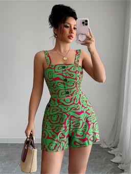 Outzidr - Women Green Abstract Regular Fit Top with Shorts (Set of 2)