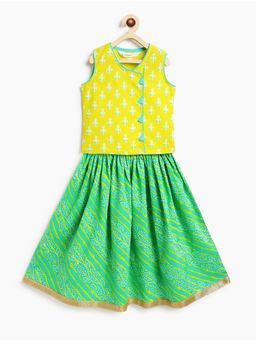 Campana - Cotton Sleeveless Block and Leheriya Printed Lehenga Choli - Lime Green