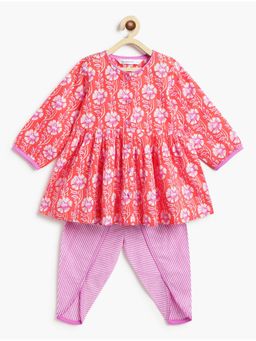 Campana - Cotton Full Sleeves Floral Printed Kurta With Dhoti Pants - Pink and Yellow