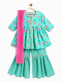 Campana - Cotton Three Fourth Sleeves Floral and Stripes Printed Kurta and Sharara with Dupatta