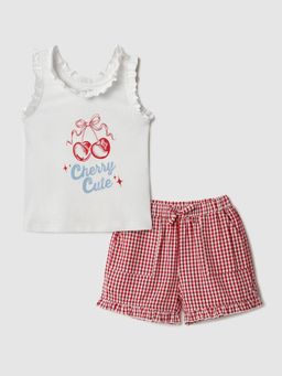 Nautinati - Pink and White Printed Top and Chequered Shorts for Infant Girls