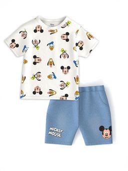 Nautinati - White and Blue Mickey Mouse Printed T-shirt and Shorts