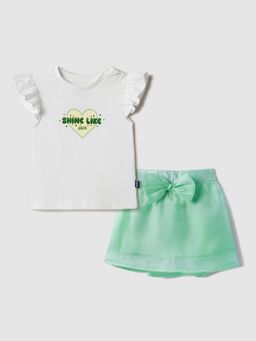 Nautinati - Organza Green Bow Skirt With White Top for Girls
