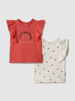 Nautinati - White and Red Printed Crop Tops for Girls (Pack of 2)
