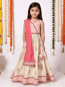 Nautinati - Pink and Cream Festive Ethnic Crop Top and Skirt with Dupatta