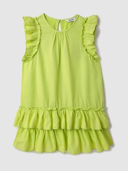 Nautinati - Woven Lime Green Tiered Dress for Girls
