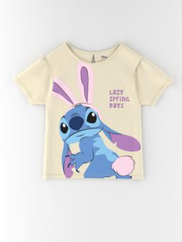 Nautinati - Cotton Off-white Lilo and Stitch Print T-shirt for Girls