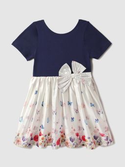 Nautinati - Blue and White Japanese Satin Dress With a Bow for Girls