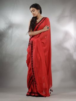 CHARUKRITI - Red Cotton Handwoven Saree with Woven Heart Borders & Unstitched Blouse