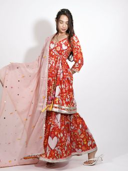 Blushing Couture by Shafali - Red Heart Print Embroidered Sharara (Set of 3)