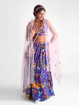 Blushing Couture by Shafali - Purple Floral Lehanga (Set of 4)