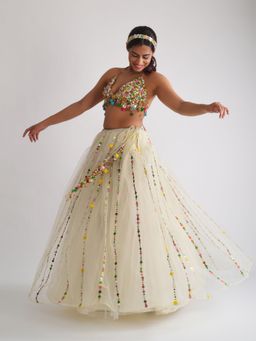 Blushing Couture by Shafali - White Net Lehanga (Set of 2)