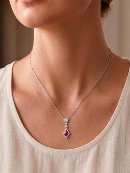 CARATIRO - 925 Sterling Silver Unique Cut Red Ruby Halo Diamond Necklace