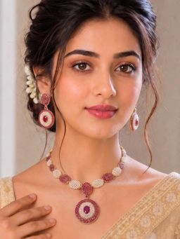RUNORAA - Pink Ruby Pearl Royale Necklace Jewellery Set