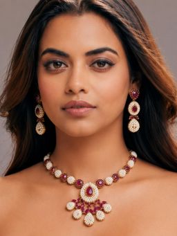 RUNORAA - Pink Ruby Pearl Blossom Necklace Jewellery Set