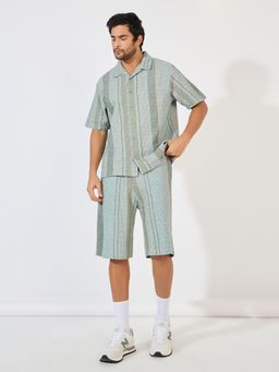 Styli - Men Green Jacquard Stripe Knit Relaxed Shirt with Oversized Shorts Co-Ord (Set of 2)