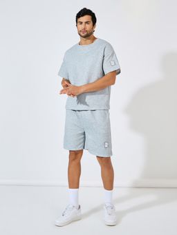 Styli - Men Grey Jacquard Knit Oversized T-Shirt and Shorts Co-Ord (Set of 2)