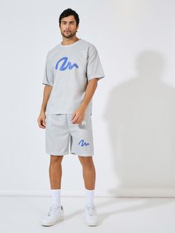 Styli - Men Grey Graffiti Print Textured Oversized T-Shirt and Shorts Co-Ord (Set of 2)