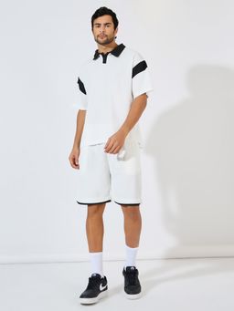 Styli - Men White Colorblock Oversized Polo T-Shirt and Shorts Co-Ord (Set of 2)